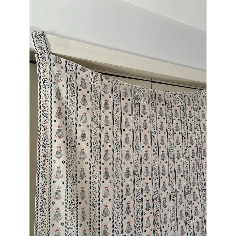 Pineapple Floral Stripe Curtain Panel Ivory Blue Pink Boho 39x57 Tab Top - Picture 2 of 7